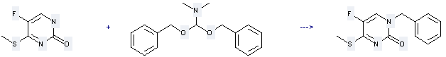 The Methanamine,N,N-dimethyl-1,1-bis(phenylmethoxy)- can react with 5-Fluoro-4-methylsulfanyl-1H-pyrimidin-2-one to get 1-Benzyl-4-methylthio-5-fluoropyrimidin-2-one